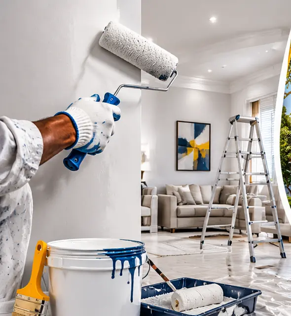 Painter rolling white paint on an interior wall with a ladder and paint tray nearby