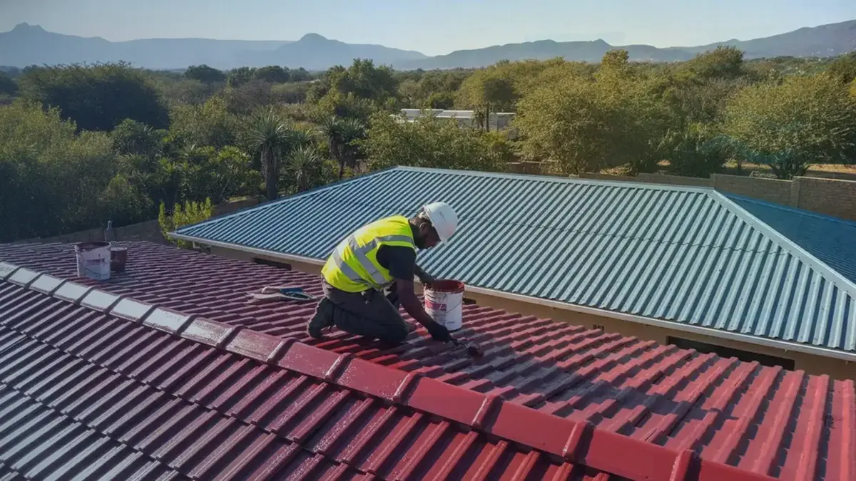 Painter in a hi-vis vest applying red coating to a tiled roof