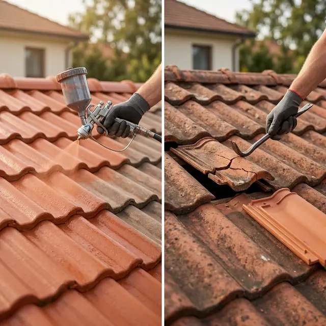 Terracotta roof tiles being spray coated beside a cracked tile being replaced