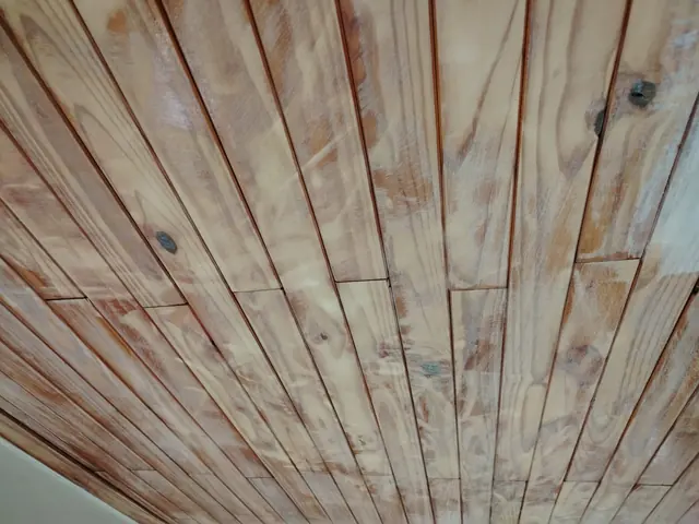 Pine timber ceiling planks sanded back to bare wood